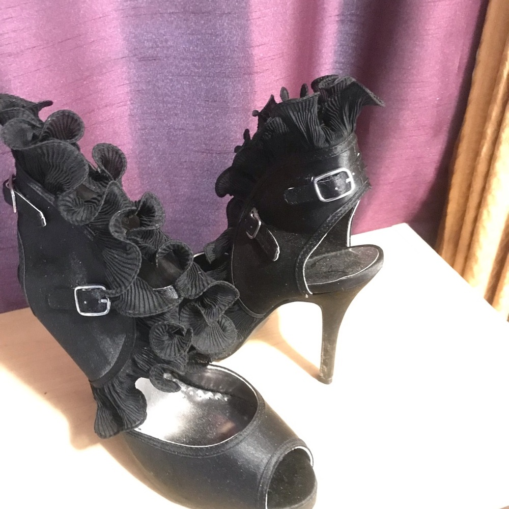 Black satin ruffle heels